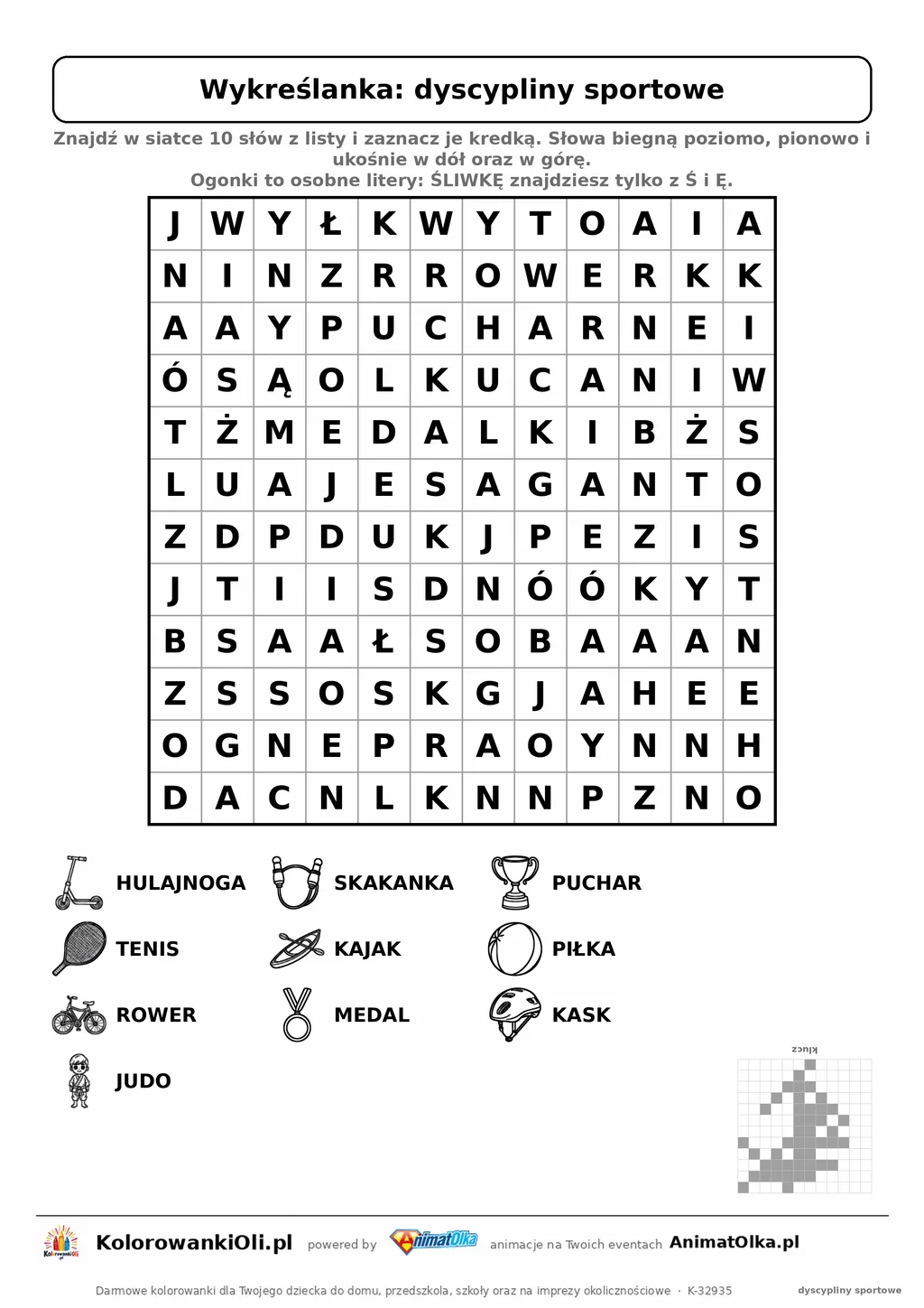Wykreślanka dyscypliny sportowe do druku — poziom 3, siatka 12×12, 10 słów z obrazkami, klucz do góry nogami