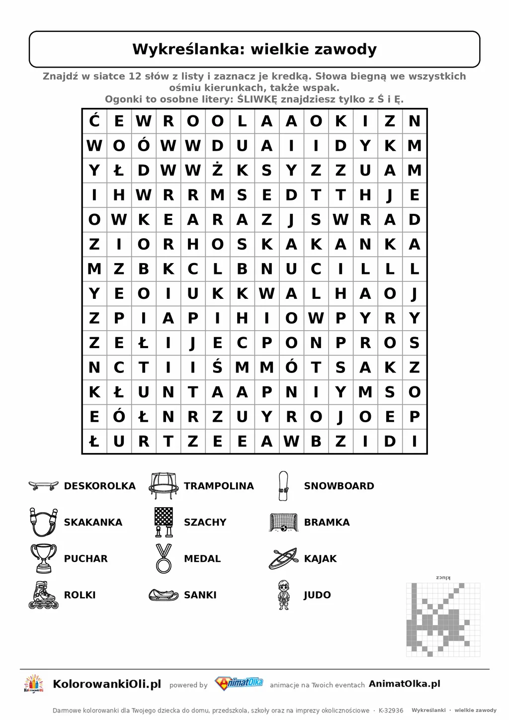 Wykreślanka wielkie zawody do druku — poziom 4, siatka 14×14, 12 słów z obrazkami, klucz do góry nogami