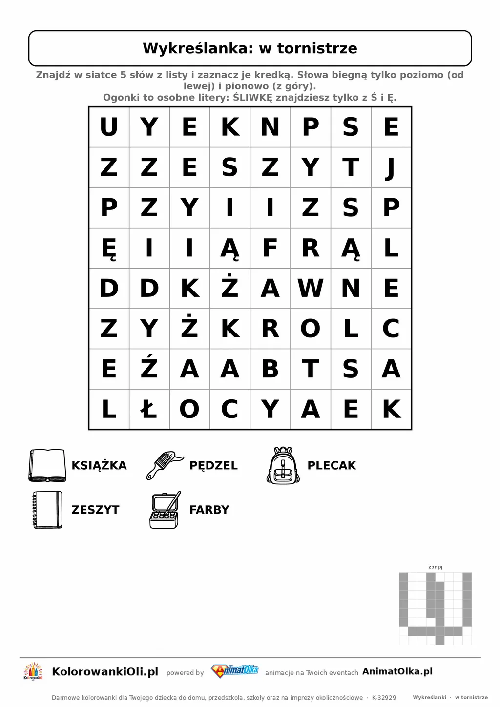 Wykreślanka w tornistrze do druku — poziom 1, siatka 8×8, 5 słów z obrazkami, klucz do góry nogami