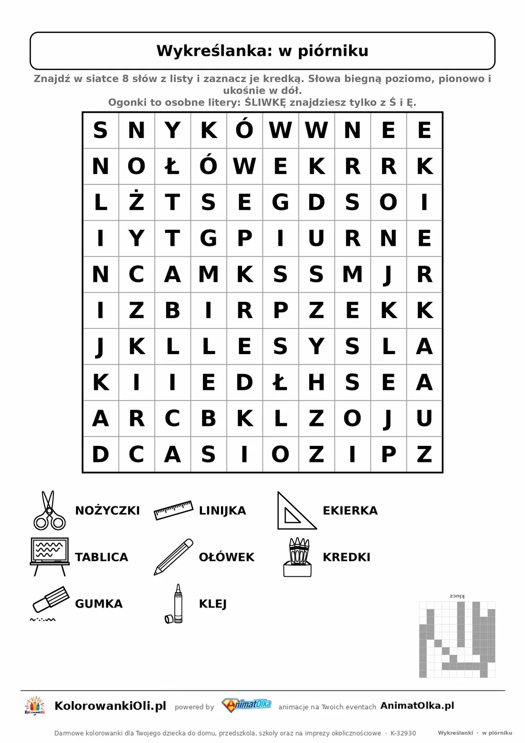 Wykreślanka w piórniku do druku — poziom 2, siatka 10×10, 8 słów z obrazkami, klucz do góry nogami