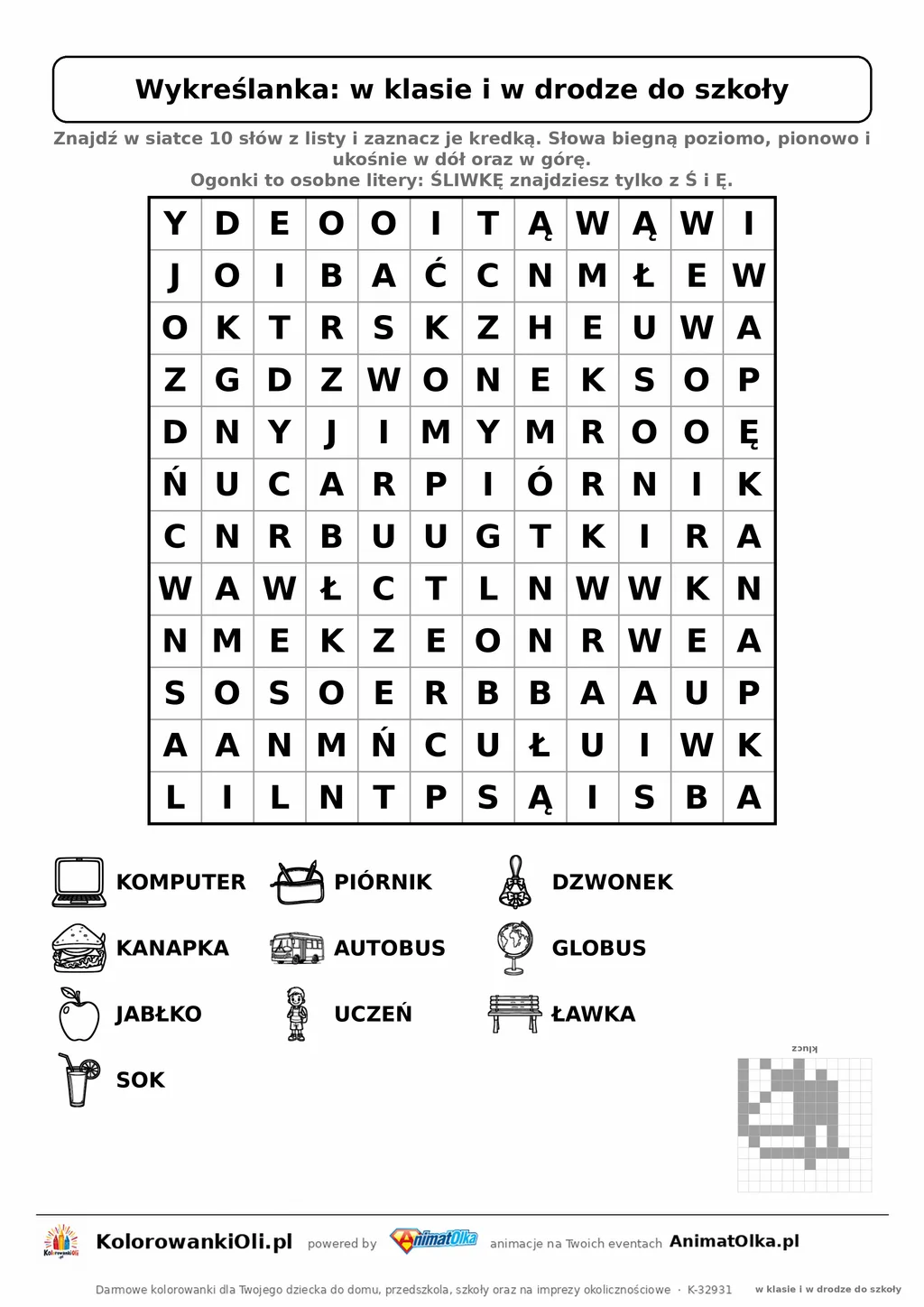 Wykreślanka w klasie i w drodze do szkoły do druku — poziom 3, siatka 12×12, 10 słów z obrazkami, klucz do góry nogami