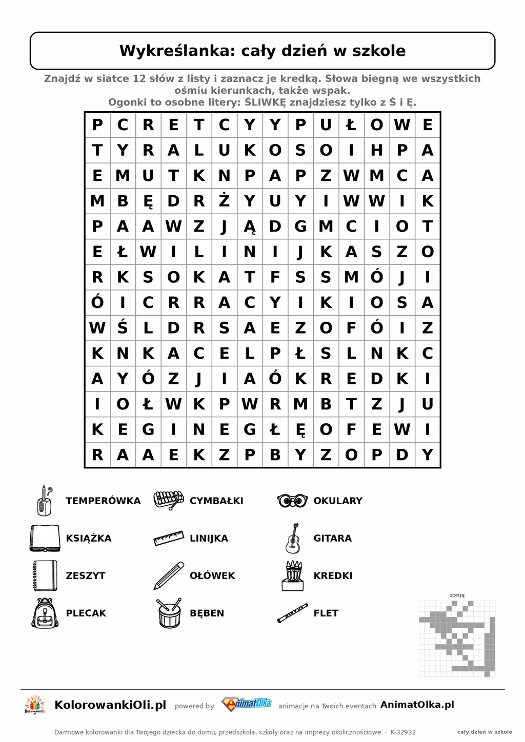 Wykreślanka cały dzień w szkole do druku — poziom 4, siatka 14×14, 12 słów z obrazkami, klucz do góry nogami