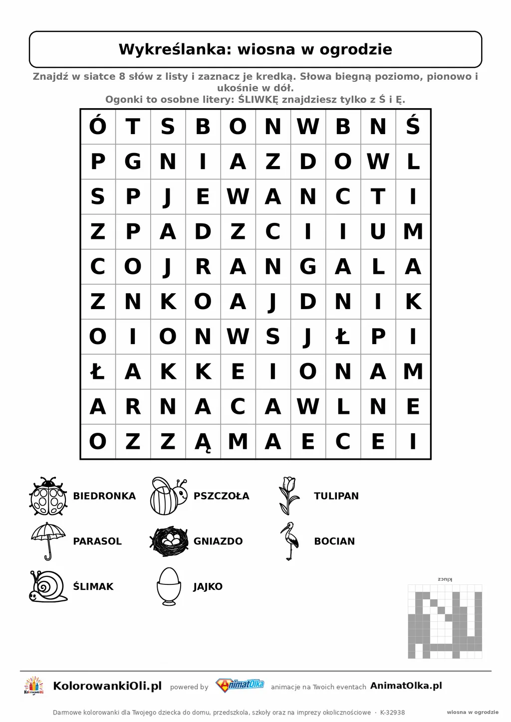 Wykreślanka wiosna w ogrodzie do druku — poziom 2, siatka 10×10, 8 słów z obrazkami, klucz do góry nogami