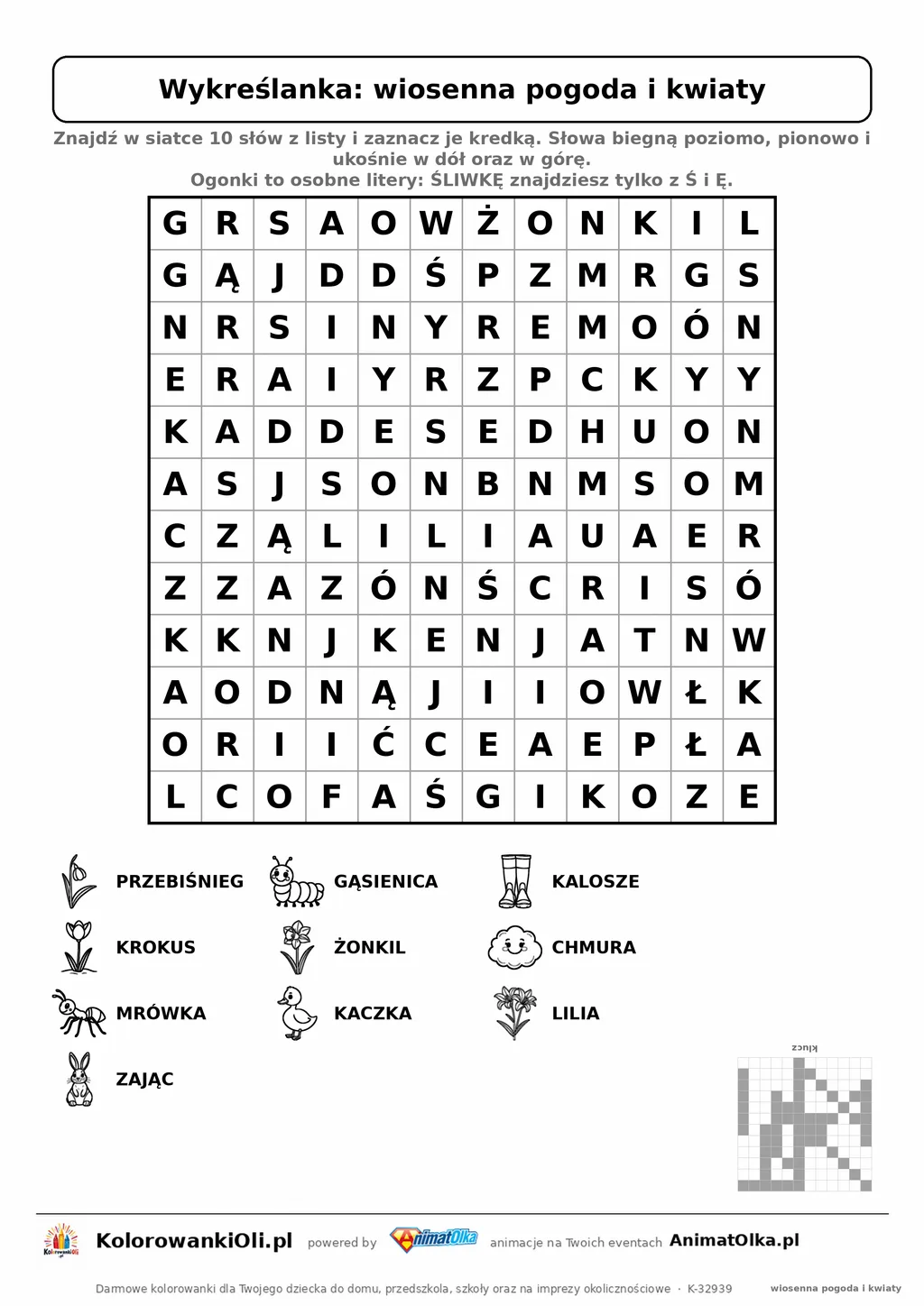 Wykreślanka wiosenna pogoda i kwiaty do druku — poziom 3, siatka 12×12, 10 słów z obrazkami, klucz do góry nogami