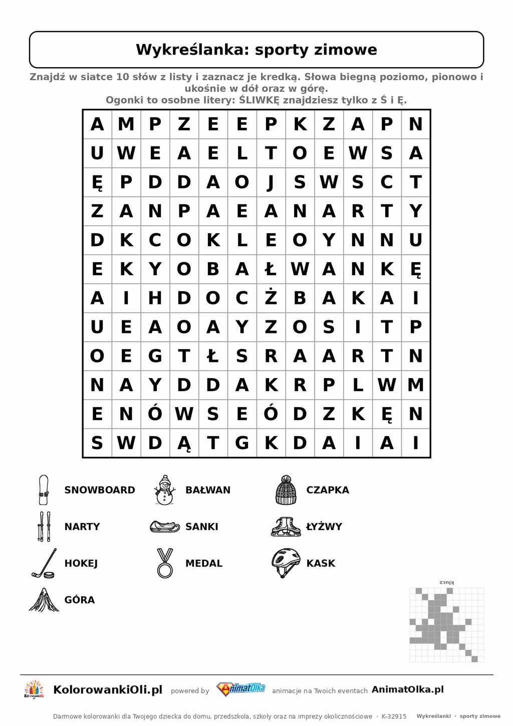 Wykreślanka sporty zimowe do druku — poziom 3, siatka 12×12, 10 słów z obrazkami, klucz do góry nogami