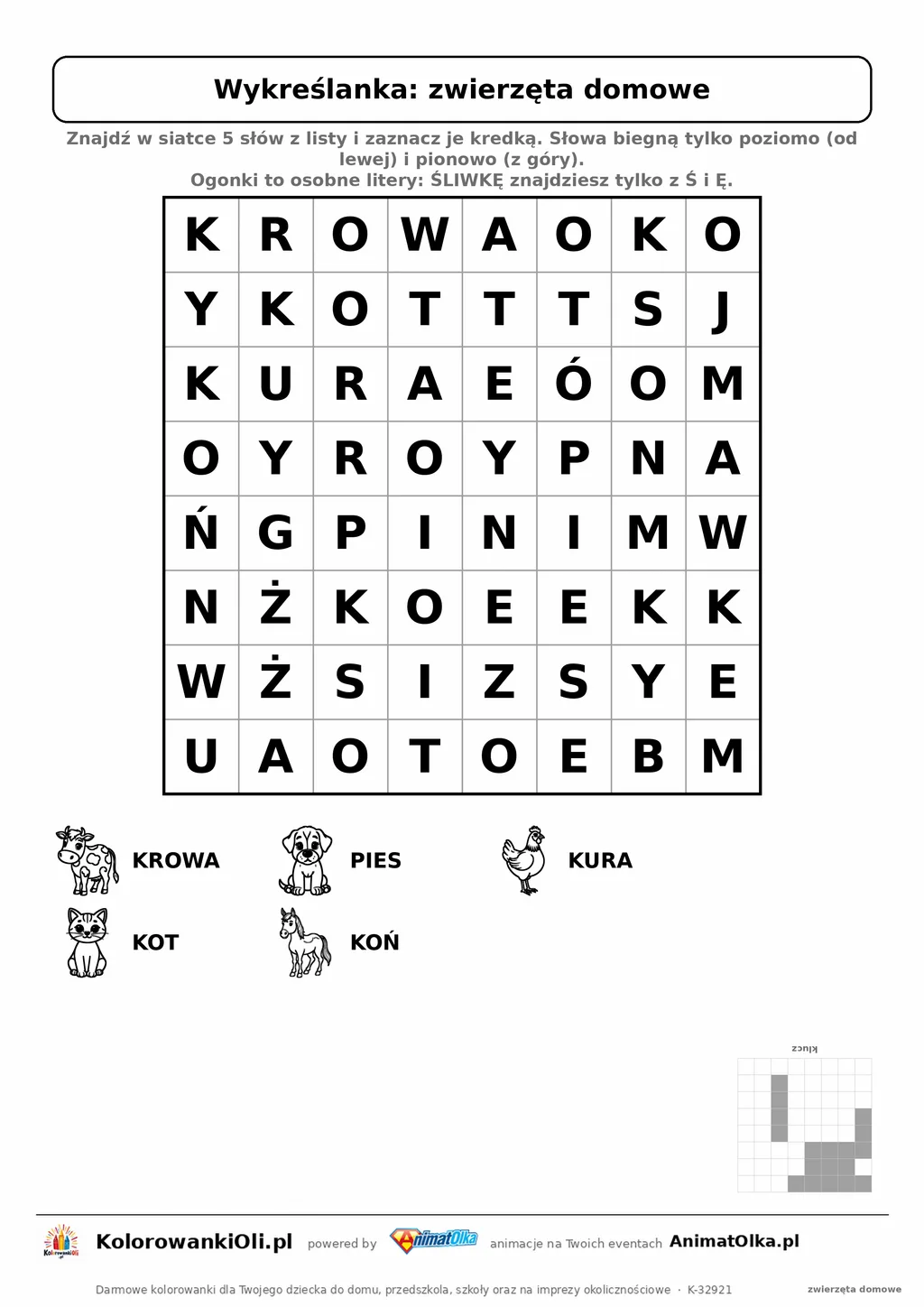 Wykreślanka zwierzęta domowe do druku — poziom 1, siatka 8×8, 5 słów z obrazkami, klucz do góry nogami