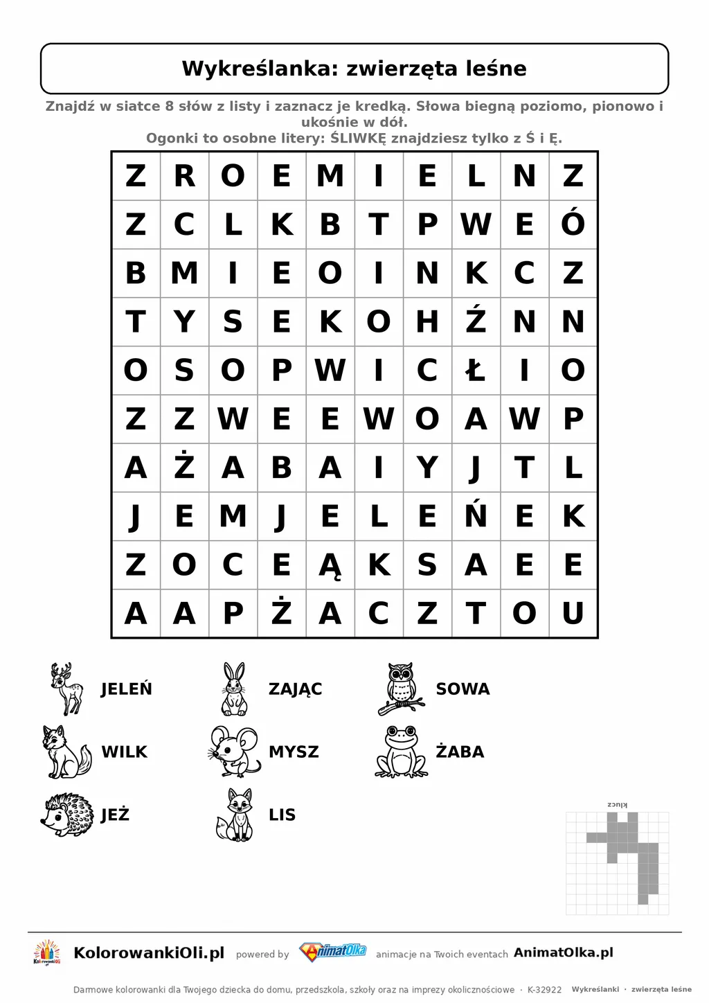 Wykreślanka zwierzęta leśne do druku — poziom 2, siatka 10×10, 8 słów z obrazkami, klucz do góry nogami
