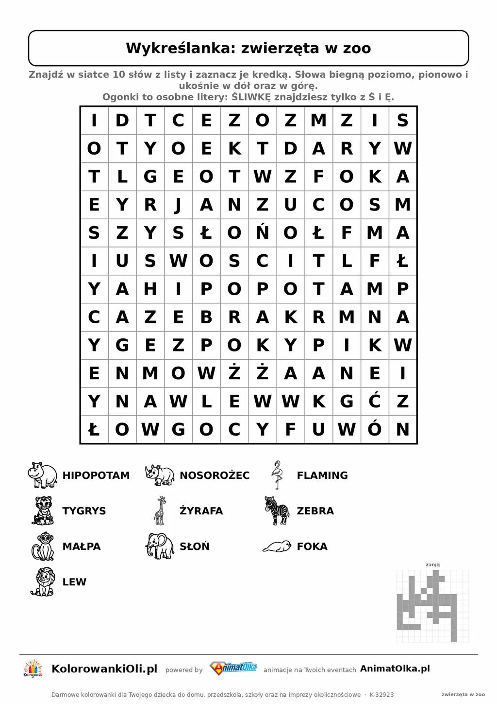 Wykreślanka zwierzęta w zoo do druku — poziom 3, siatka 12×12, 10 słów z obrazkami, klucz do góry nogami