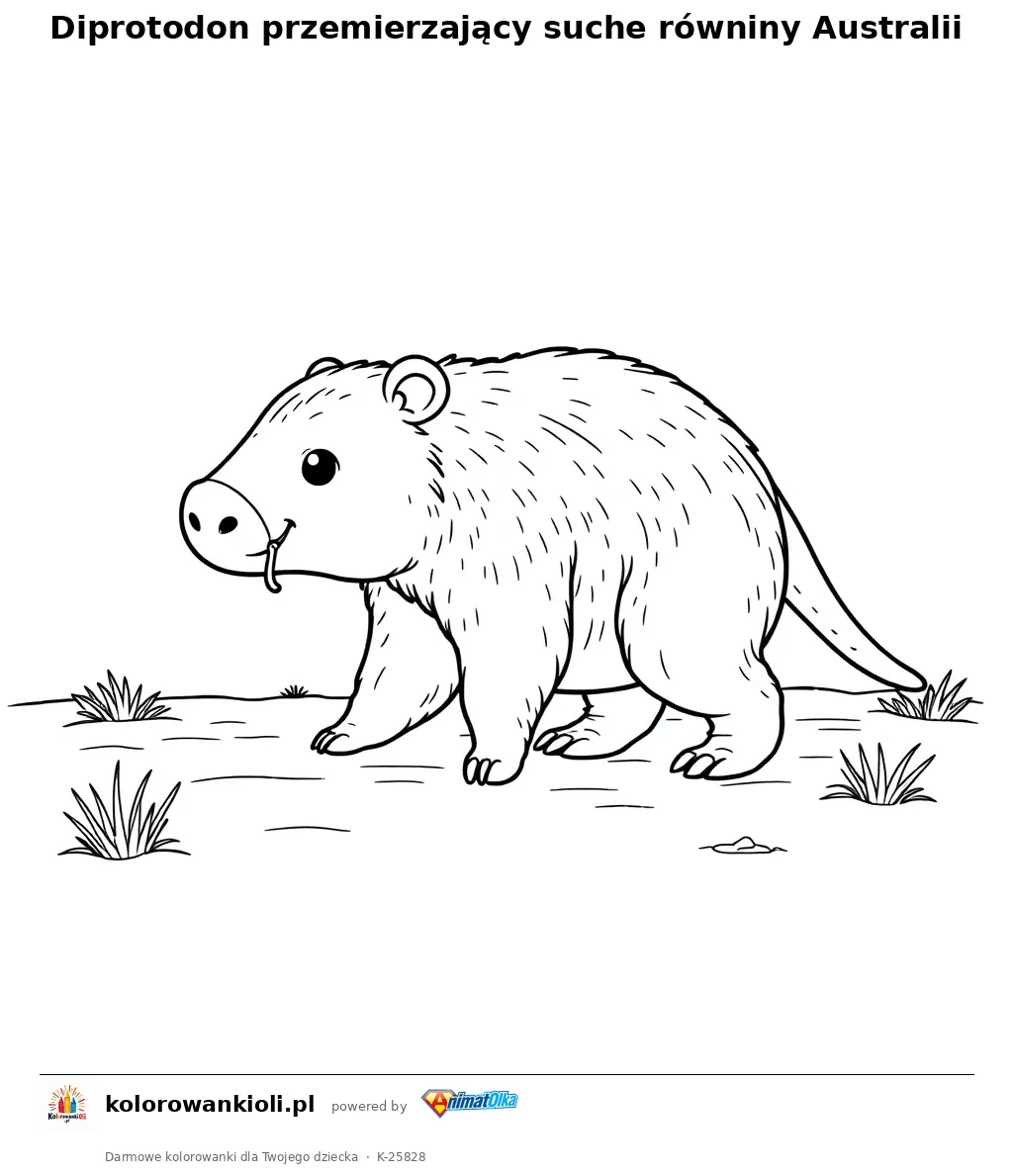 Diprotodon przemierzający suche równiny Australii — kolorowanka do wydruku dla dzieci