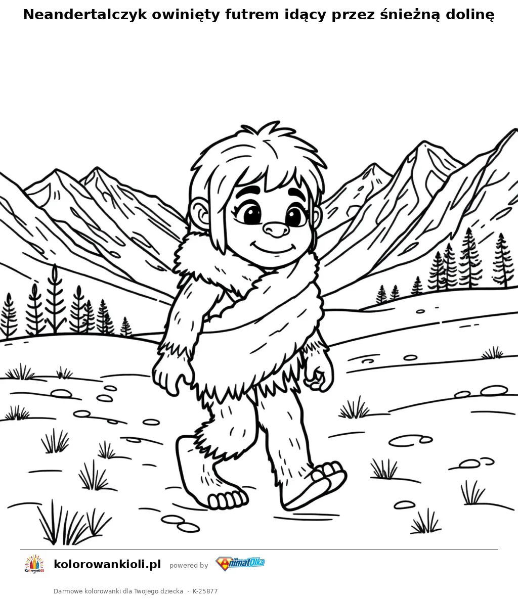 Neandertalczyk owinięty futrem idący przez śnieżną dolinę — kolorowanka do wydruku dla dzieci