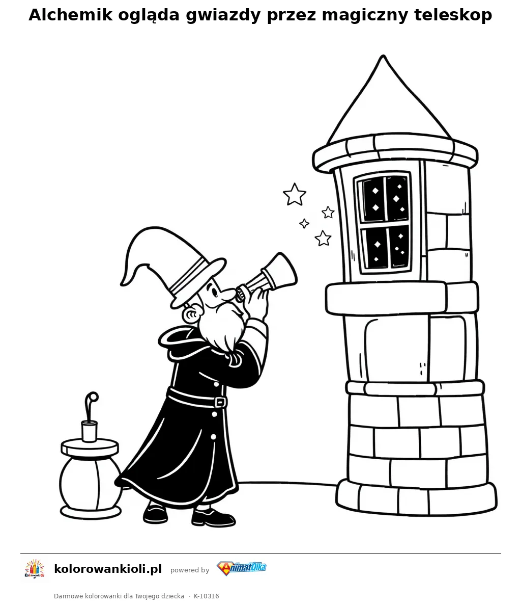 Alchemik ogląda gwiazdy przez magiczny teleskop — kolorowanka do wydruku dla dzieci