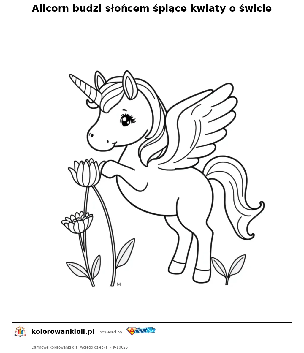 Alicorn budzi sloncem spiace kwiaty o swicie — kolorowanka do wydruku dla dzieci