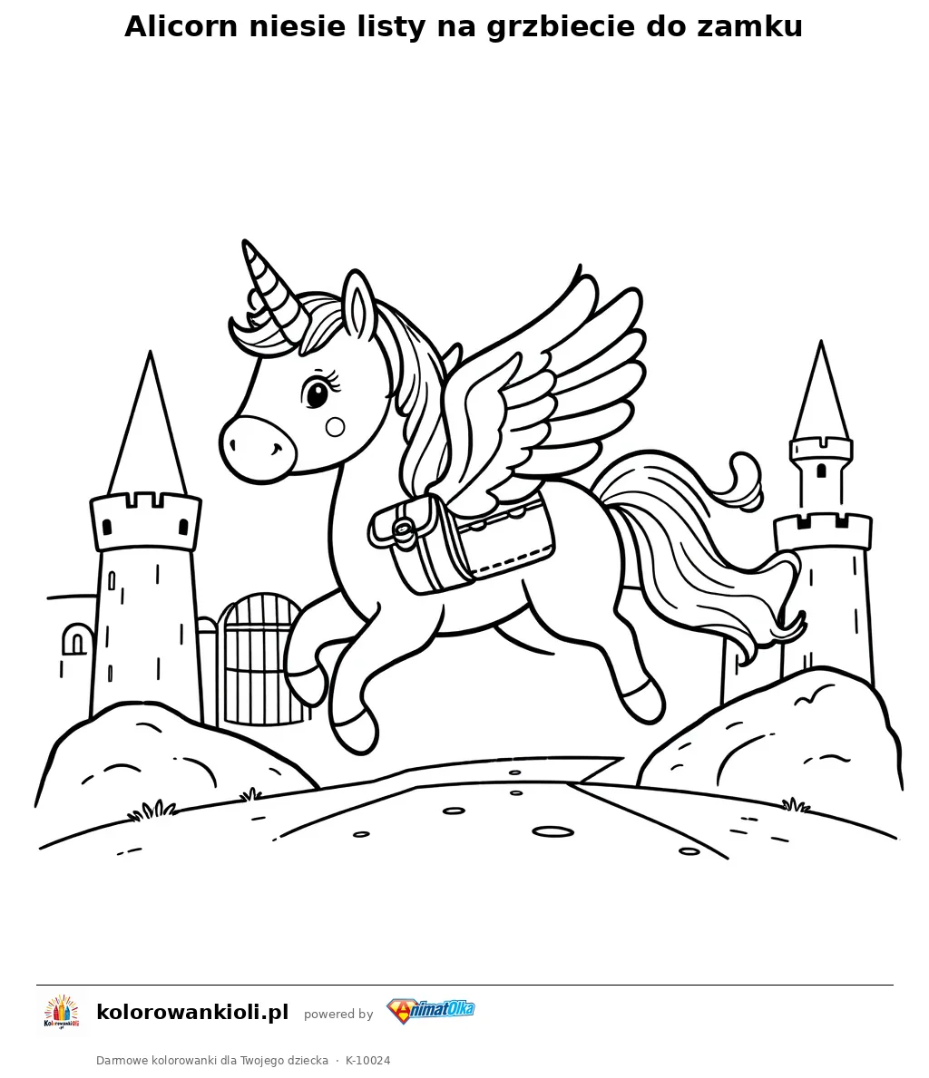 Alicorn niesie listy na grzbiecie do zamku — kolorowanka do wydruku dla dzieci