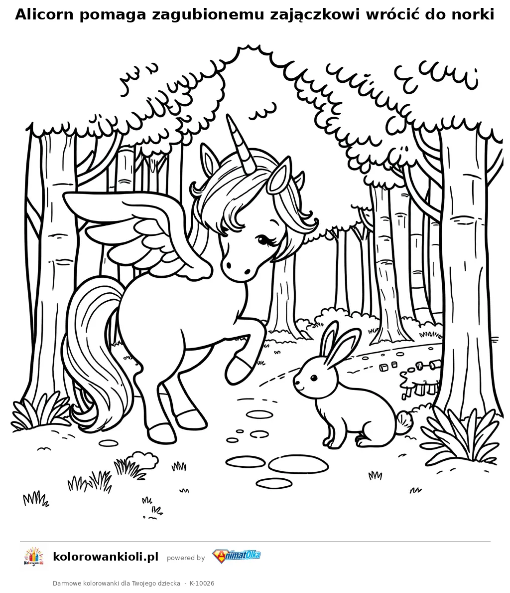 Alicorn pomaga zagubionemu zajaczkowi wrocic do norki — kolorowanka do wydruku dla dzieci