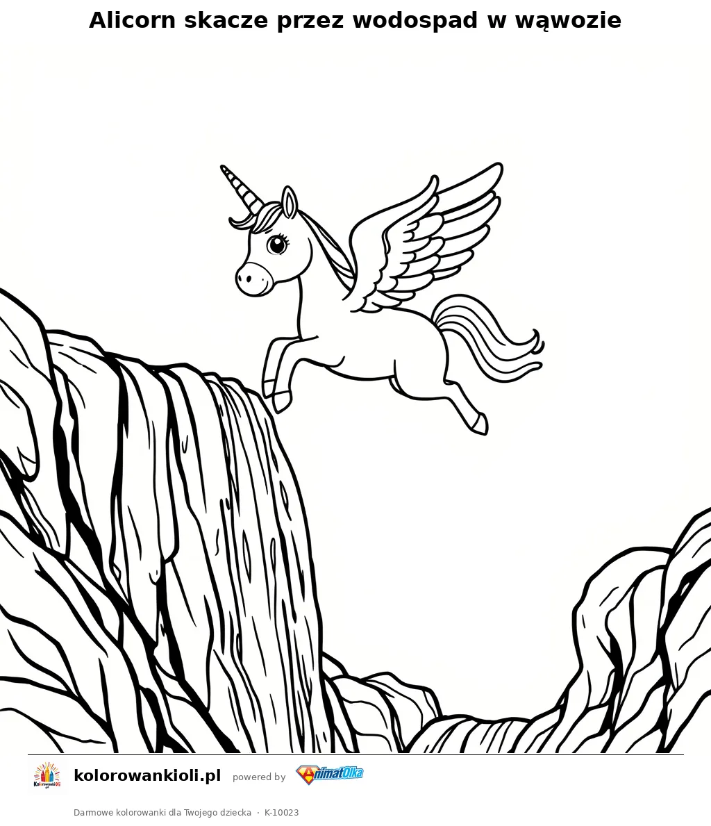 Alicorn skacze przez wodospad w wąwozie — kolorowanka do wydruku dla dzieci