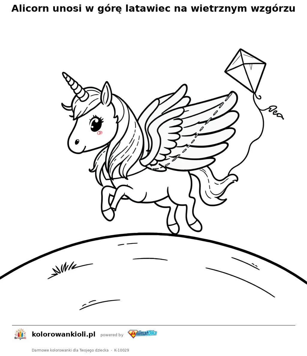 Alicorn unosi w gore latawiec na wietrznym wzgorzu — kolorowanka do wydruku dla dzieci