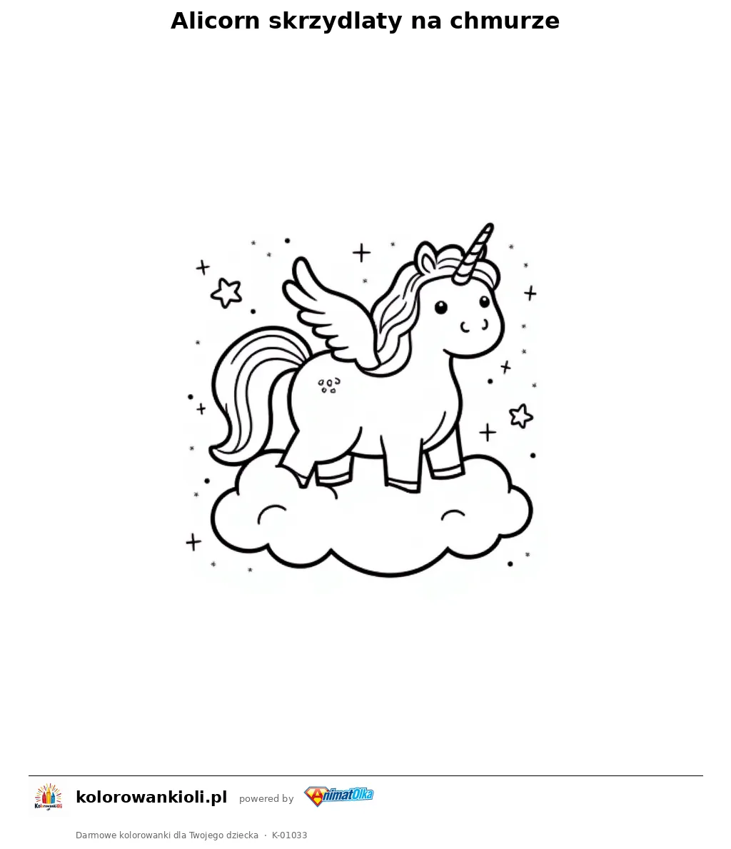 Alicorn skrzydlaty na chmurze — kolorowanka do wydruku dla dzieci