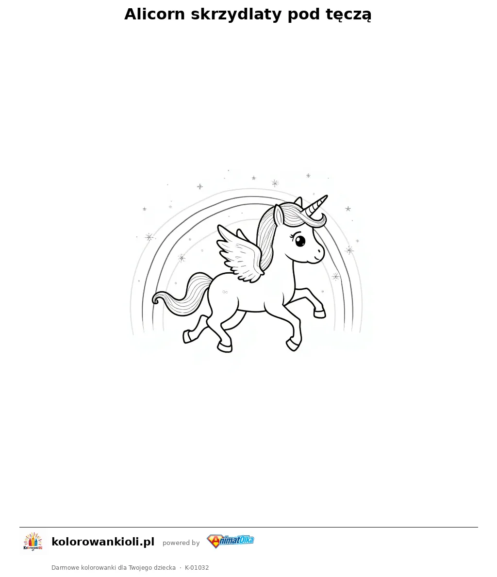 Alicorn skrzydlaty pod tęczą — kolorowanka do wydruku dla dzieci