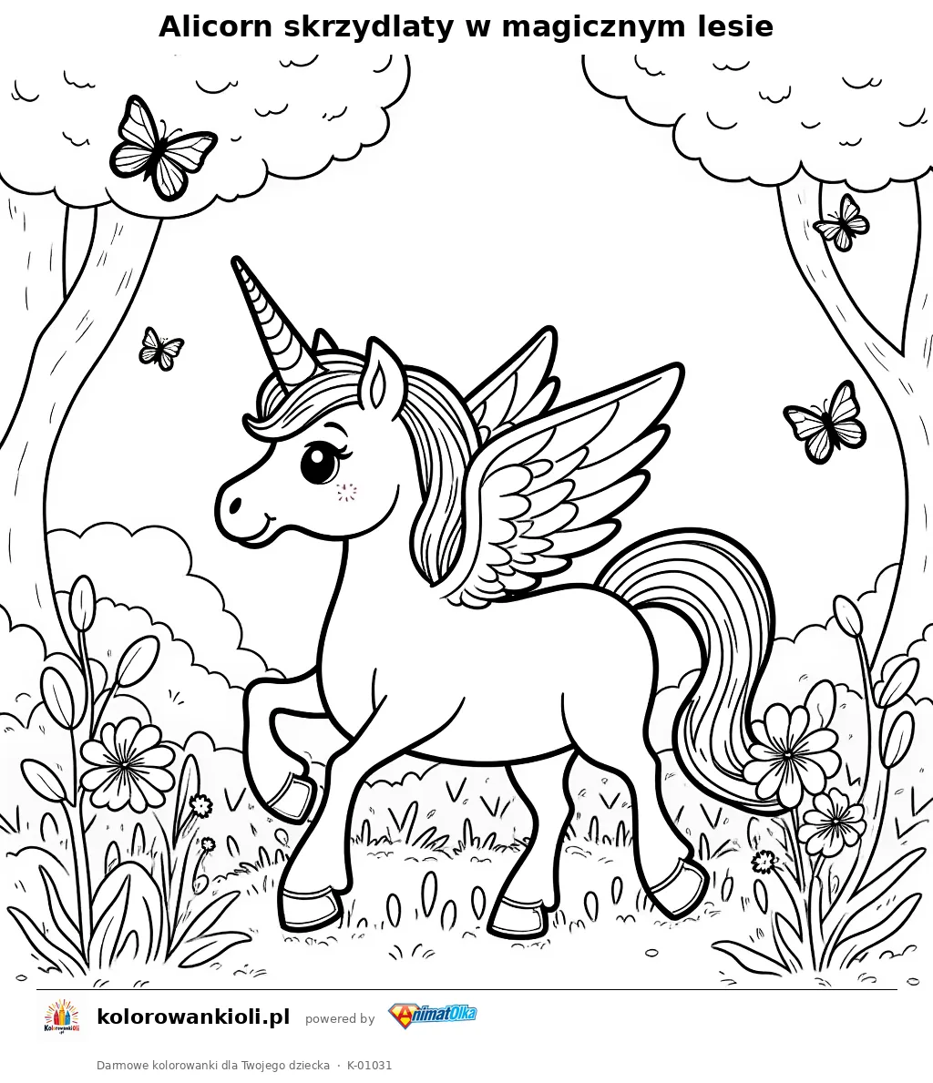 Alicorn skrzydlaty w magicznym lesie — kolorowanka do wydruku dla dzieci