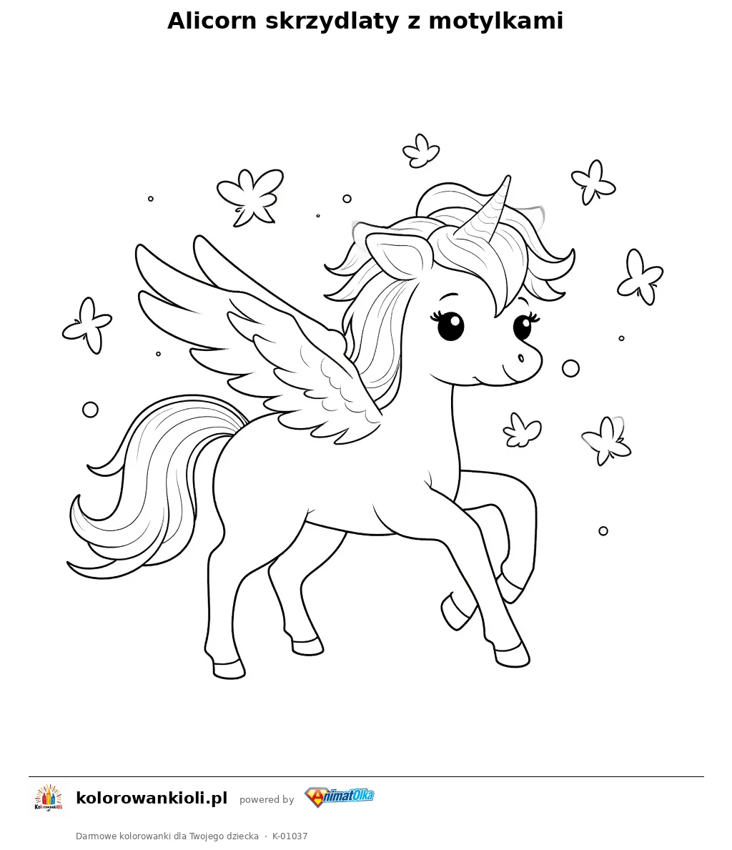Alicorn skrzydlaty z motylkami — kolorowanka do wydruku dla dzieci