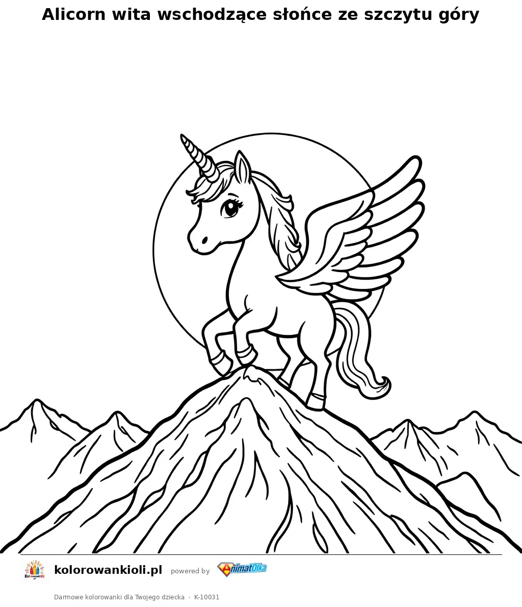 Alicorn wita wschodzace slonce ze szczytu gory — kolorowanka do wydruku dla dzieci