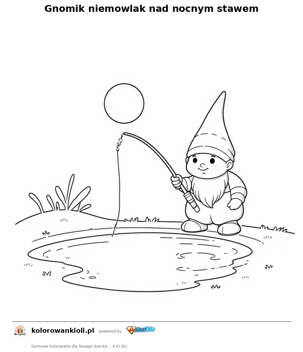 Gnomik niemowlak nad nocnym stawem — kolorowanka do wydruku dla dzieci