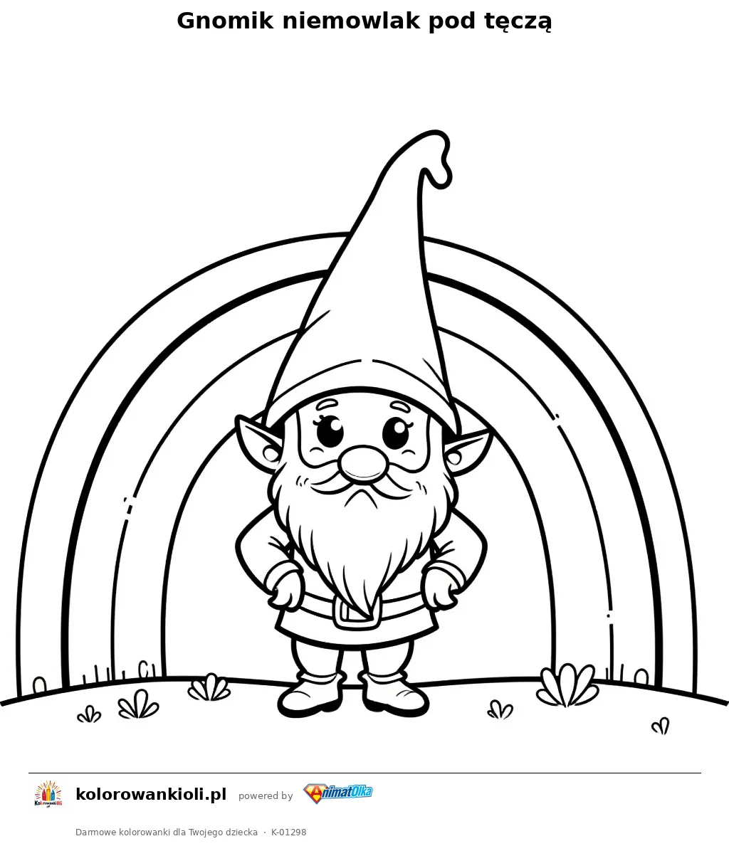 Gnomik niemowlak pod tęczą — kolorowanka do wydruku dla dzieci