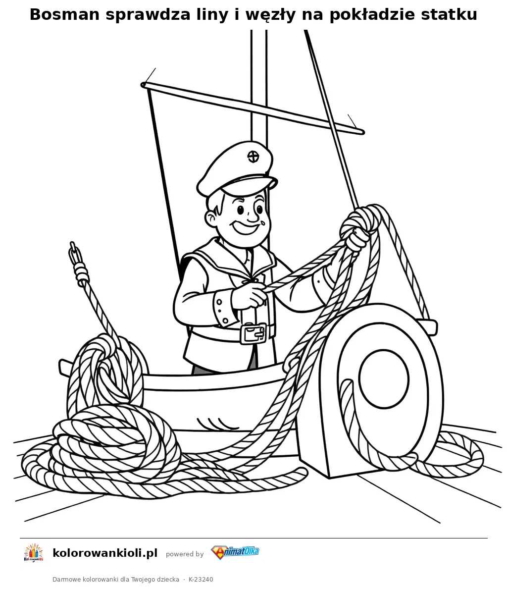 Bosman sprawdza liny i węzły na pokładzie statku — kolorowanka do wydruku dla dzieci
