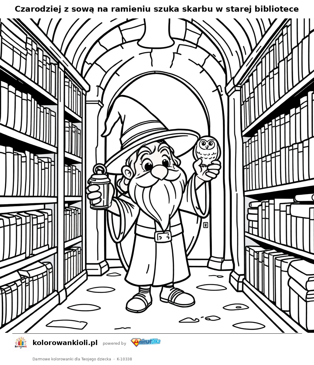 Czarodziej z sową na ramieniu szuka skarbu w starej bibliotece — kolorowanka do wydruku dla dzieci