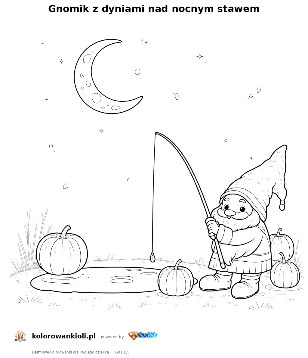 Gnomik z dyniami nad nocnym stawem — kolorowanka do wydruku dla dzieci