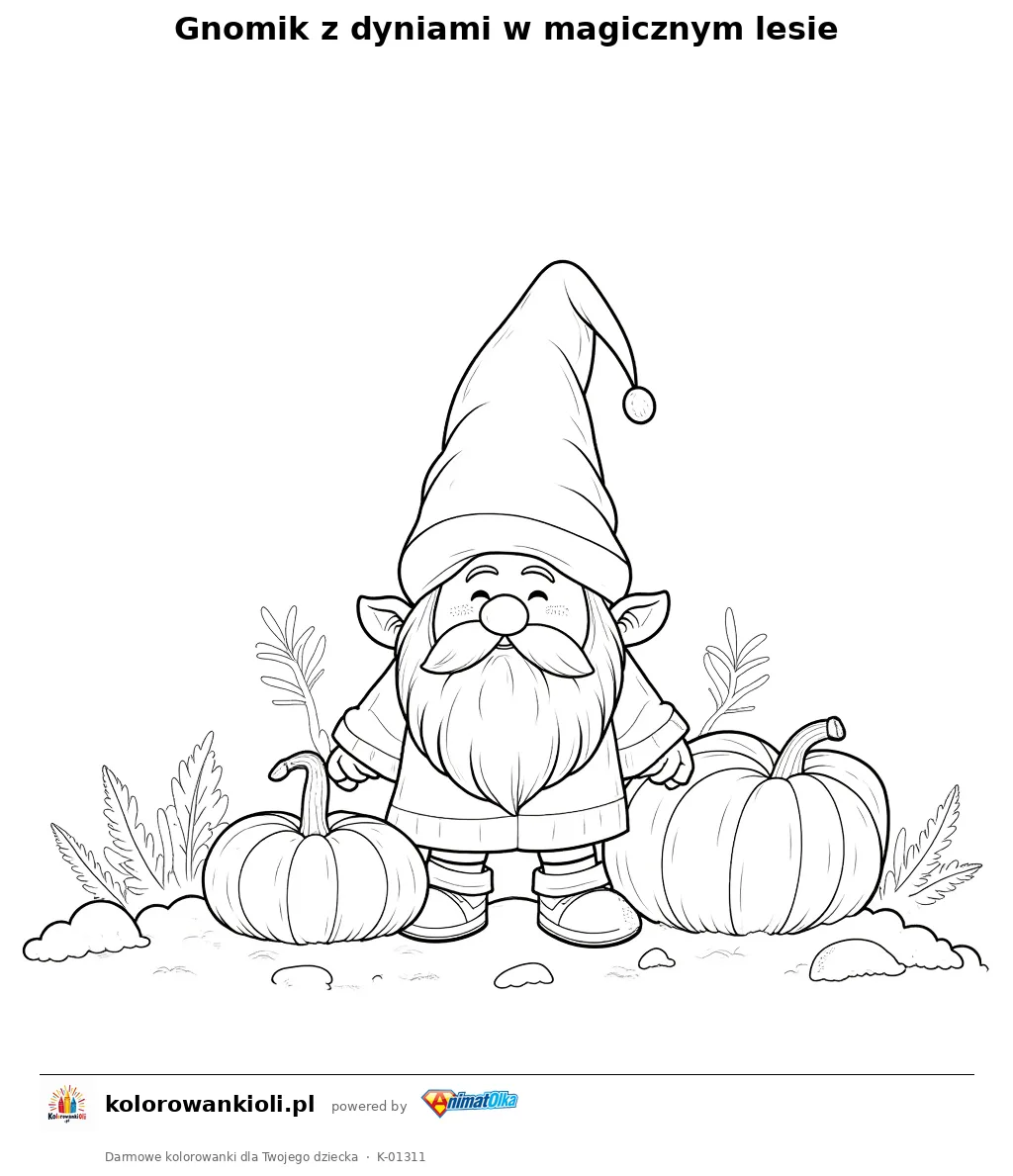 Gnomik z dyniami w magicznym lesie — kolorowanka do wydruku dla dzieci