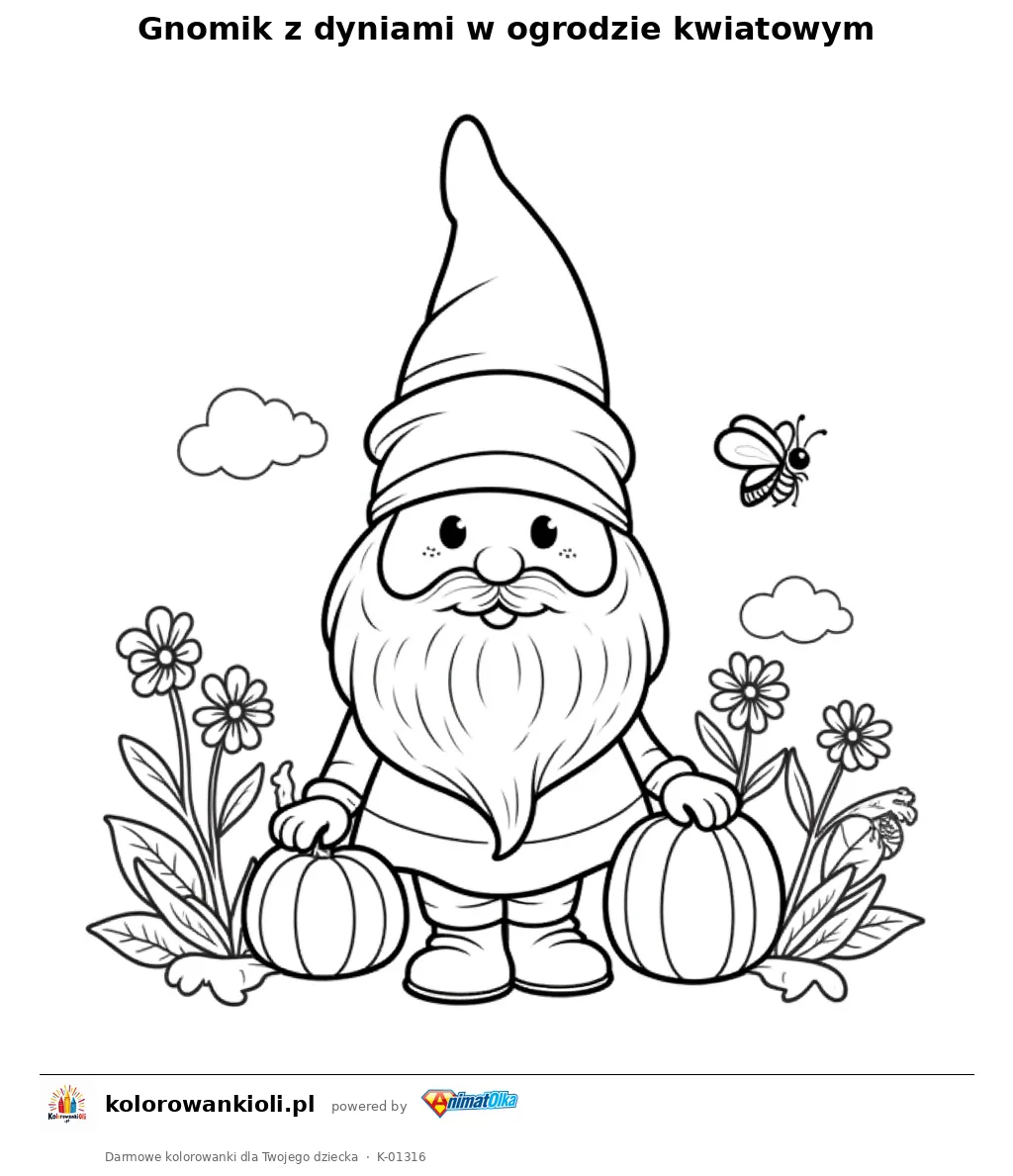 Gnomik z dyniami w ogrodzie kwiatowym — kolorowanka do wydruku dla dzieci