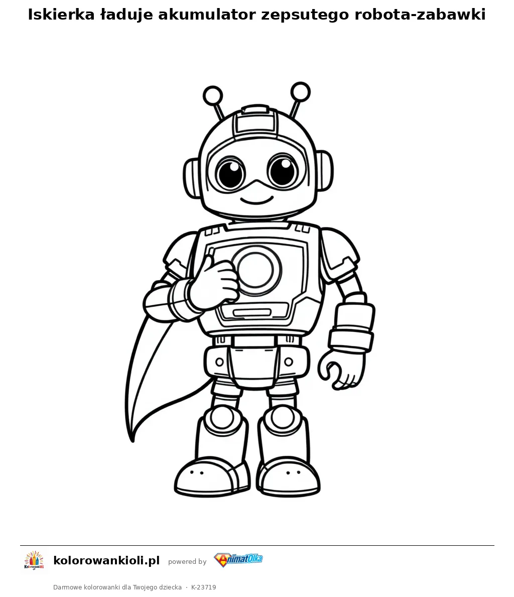 Iskierka ładuje akumulator zepsutego robota-zabawki — kolorowanka do wydruku dla dzieci