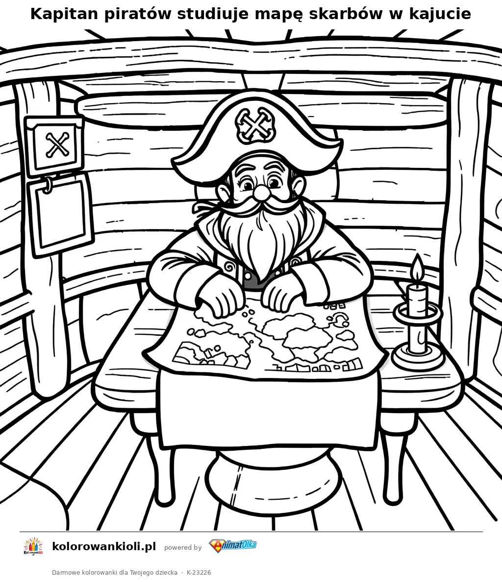 Kapitan piratów studiuje mapę skarbów w kajucie — kolorowanka do wydruku dla dzieci