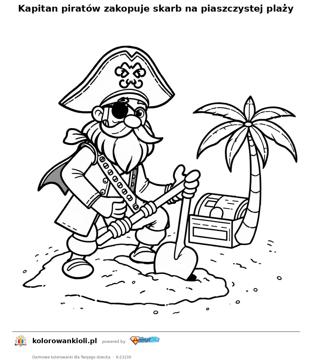 Kapitan piratów zakopuje skarb na piaszczystej plaży — kolorowanka do wydruku dla dzieci