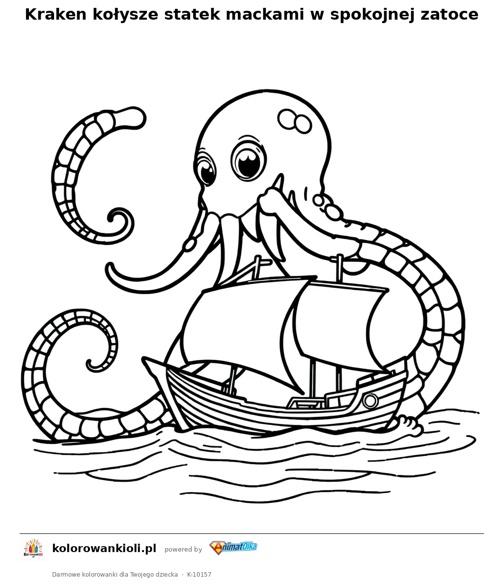 Kraken kolysze statek mackami w spokojnej zatoce — kolorowanka do wydruku dla dzieci