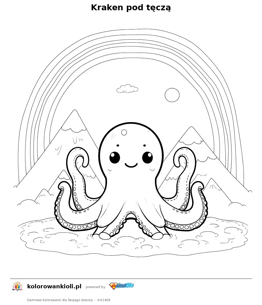 Kraken pod tęczą — kolorowanka do wydruku dla dzieci