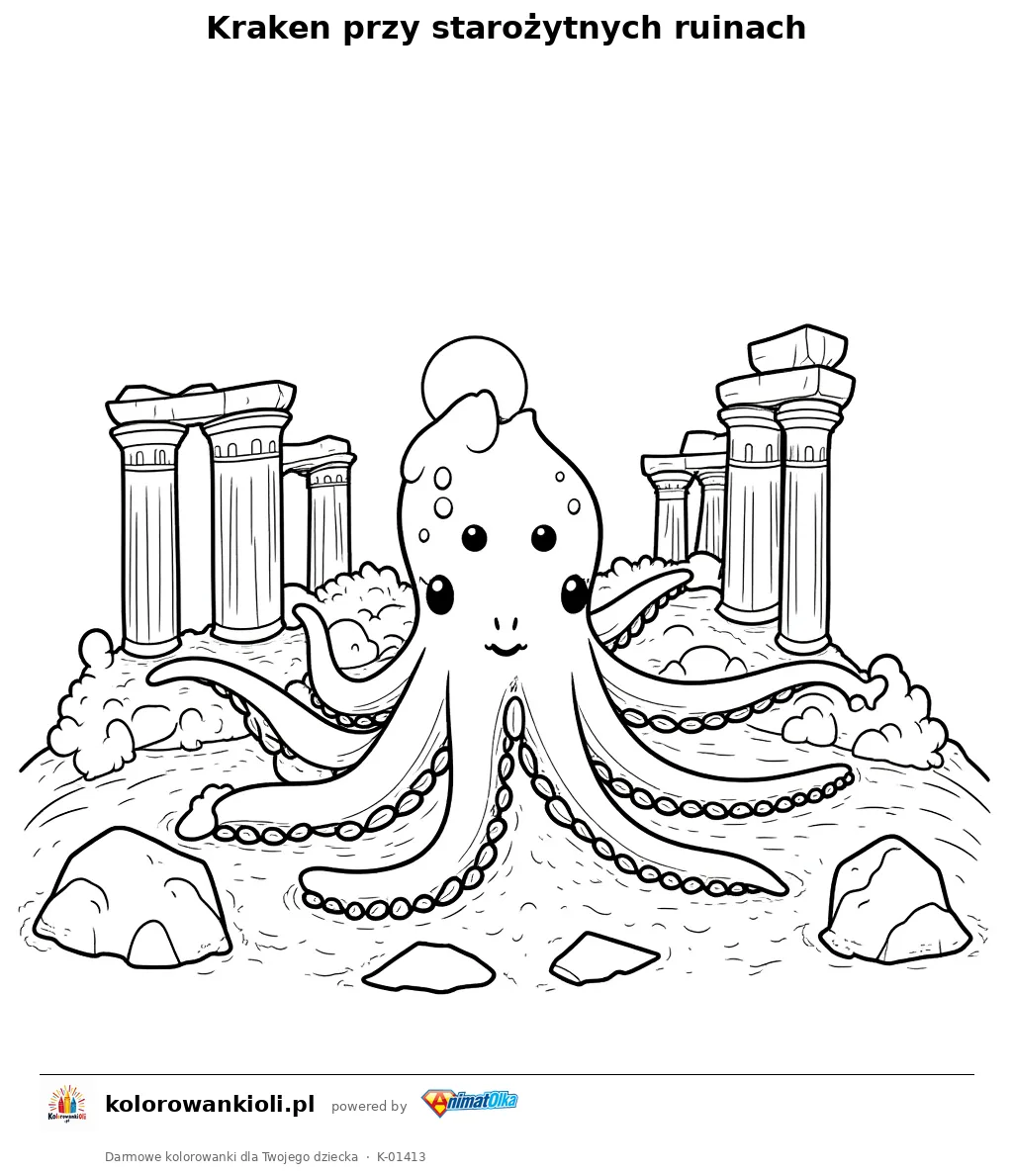 Kraken przy starożytnych ruinach — kolorowanka do wydruku dla dzieci