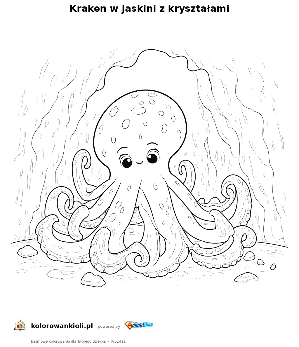 Kraken w jaskini z kryształami — kolorowanka do wydruku dla dzieci