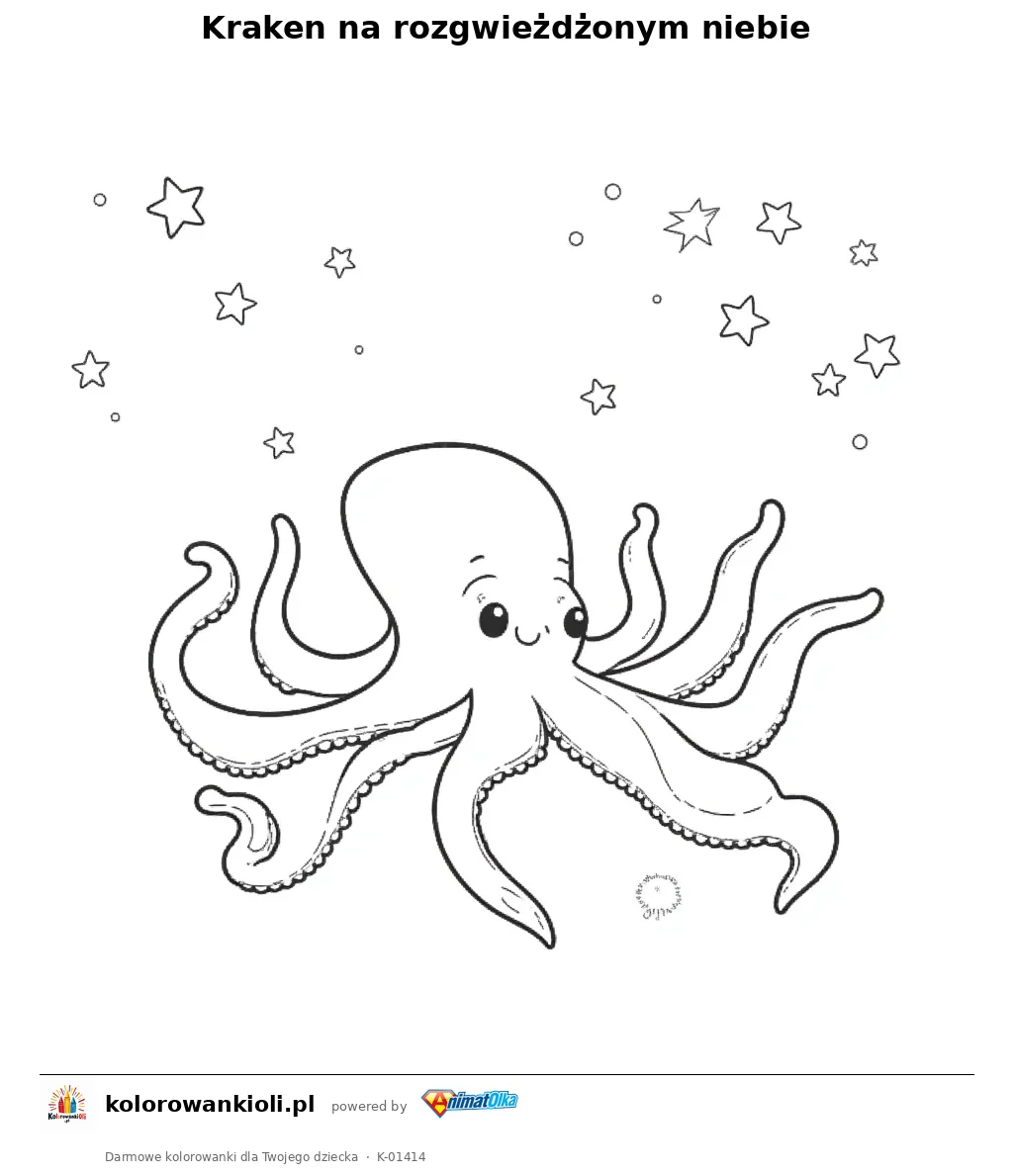 Kraken na rozgwieżdżonym niebie — kolorowanka do wydruku dla dzieci