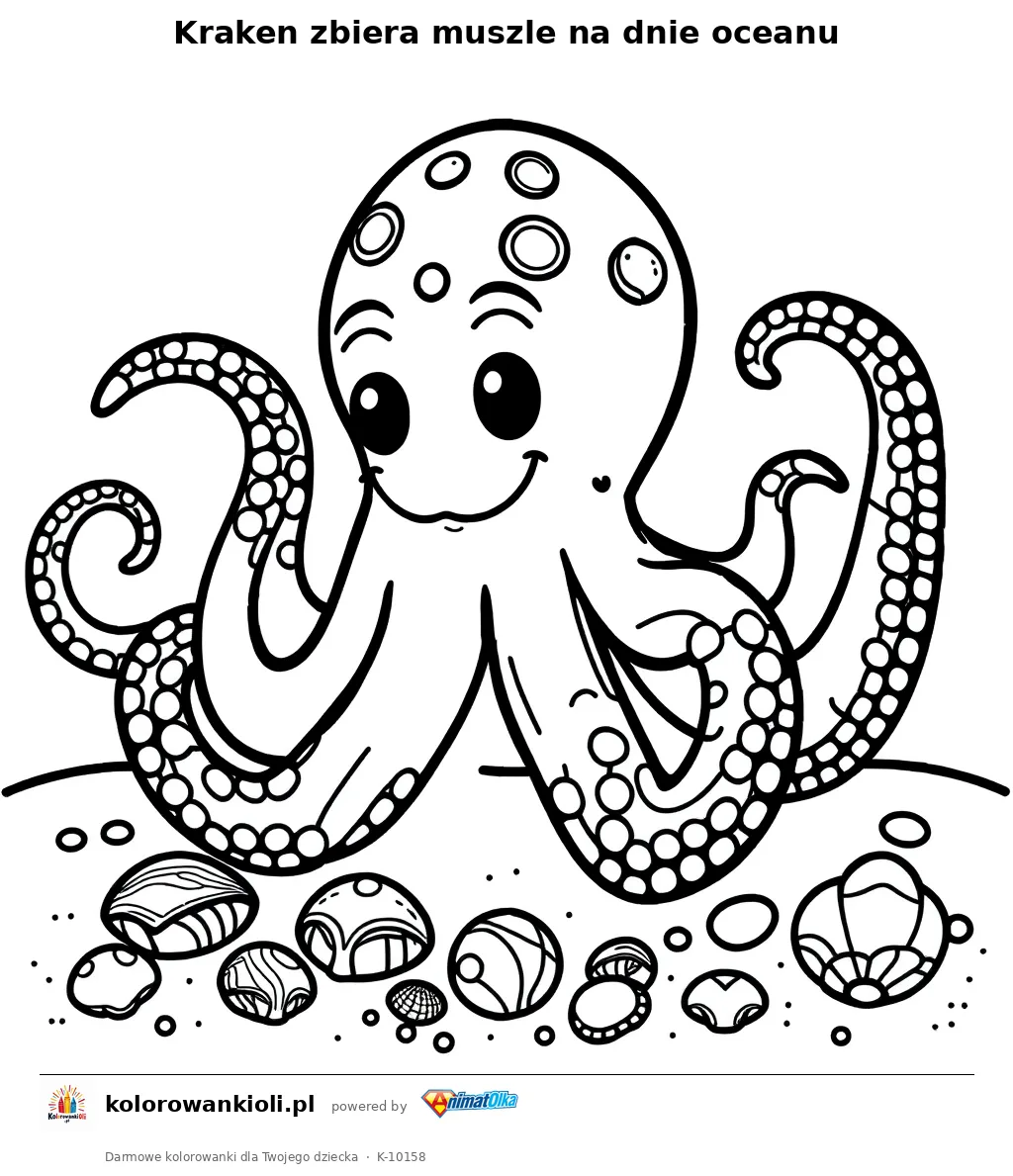Kraken zbiera muszle na dnie oceanu — kolorowanka do wydruku dla dzieci