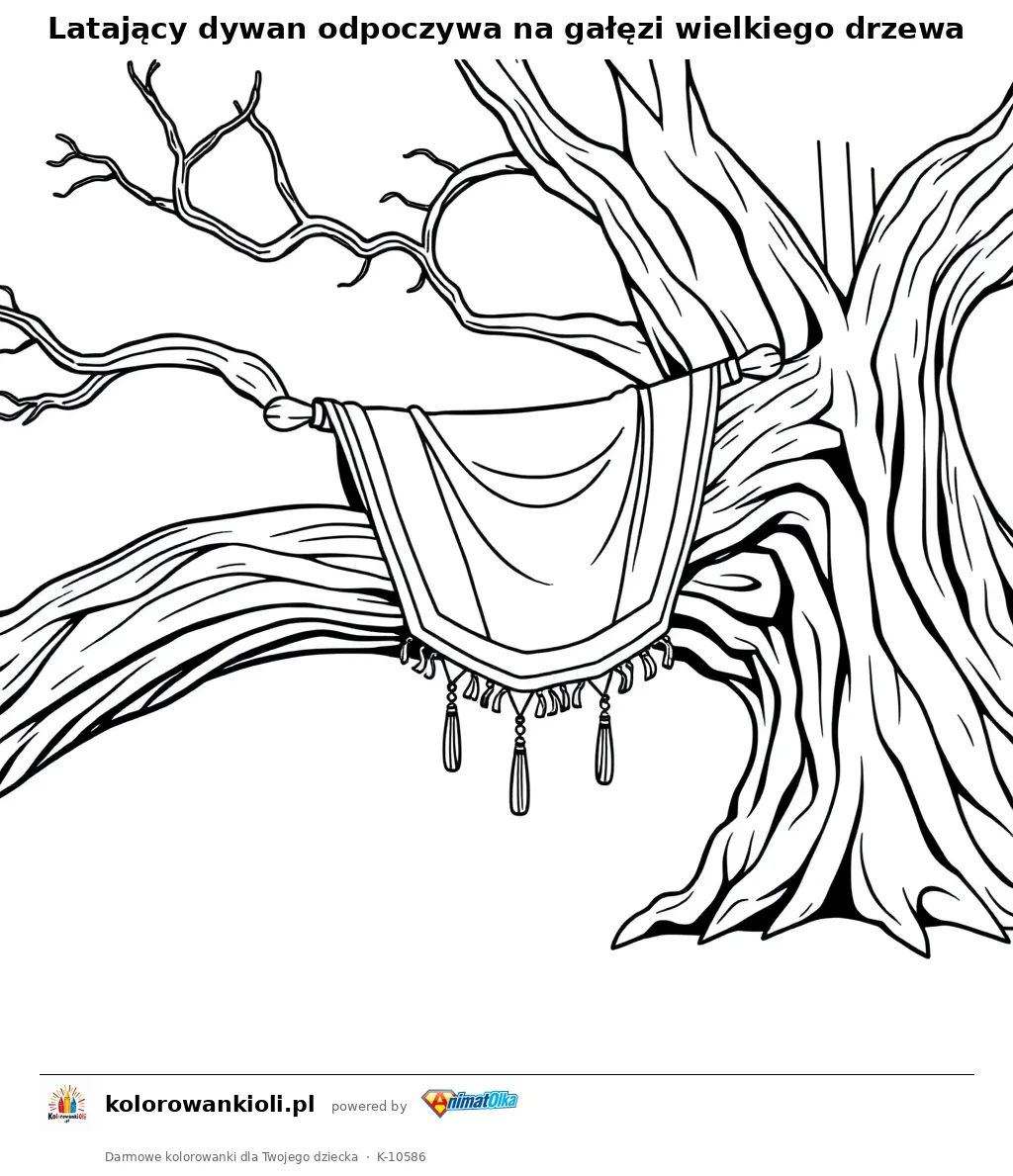 Latający dywan odpoczywa na gałęzi wielkiego drzewa — kolorowanka do wydruku dla dzieci