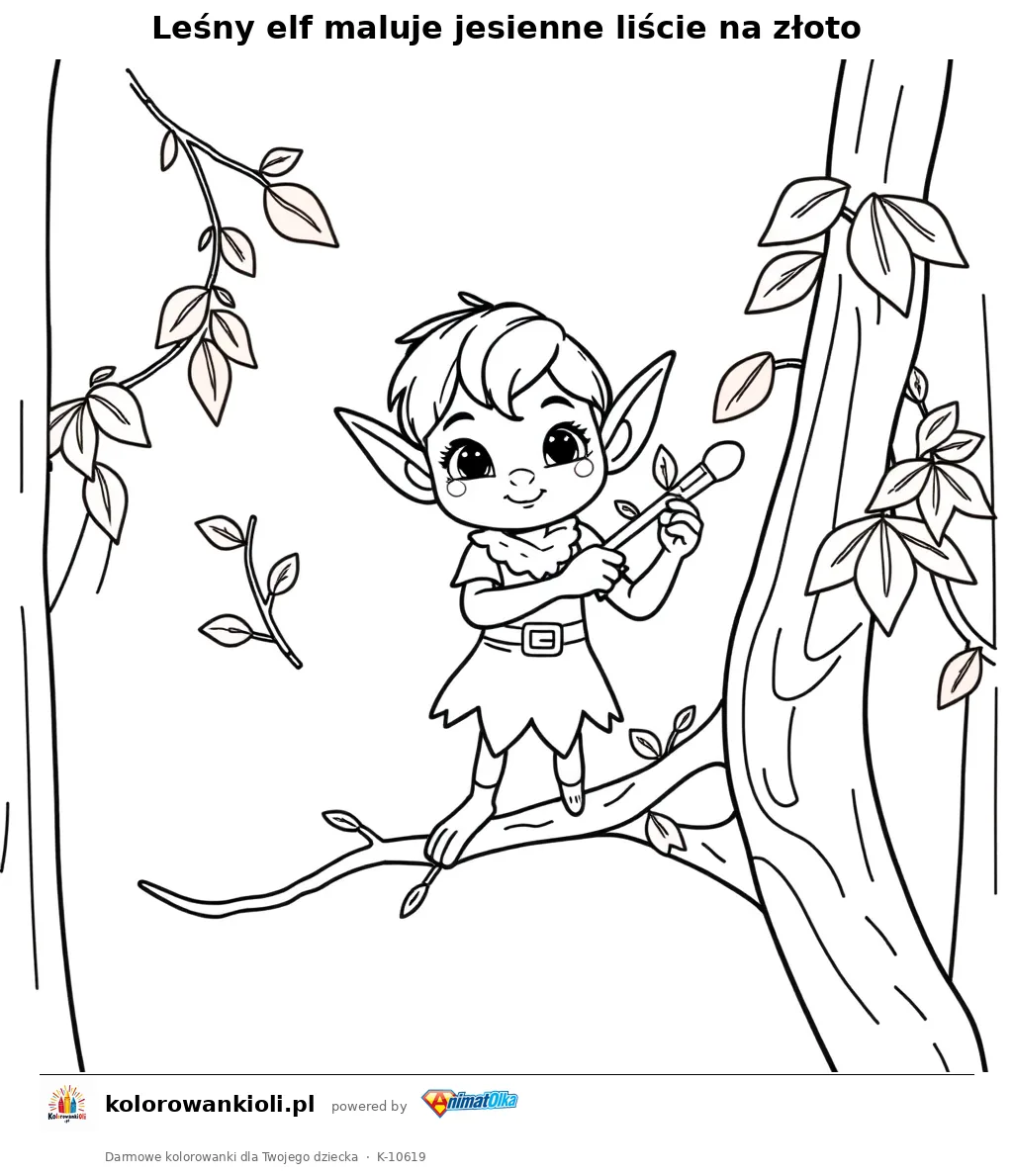 Leśny elf maluje jesienne liście na złoto — kolorowanka do wydruku dla dzieci