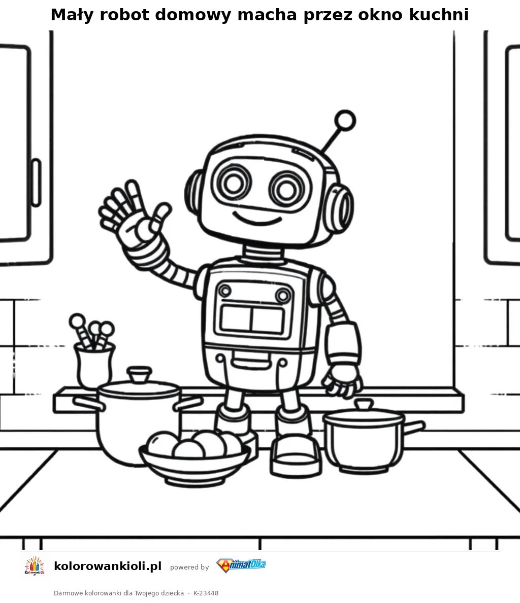 Mały robot domowy macha przez okno kuchni — kolorowanka do wydruku dla dzieci