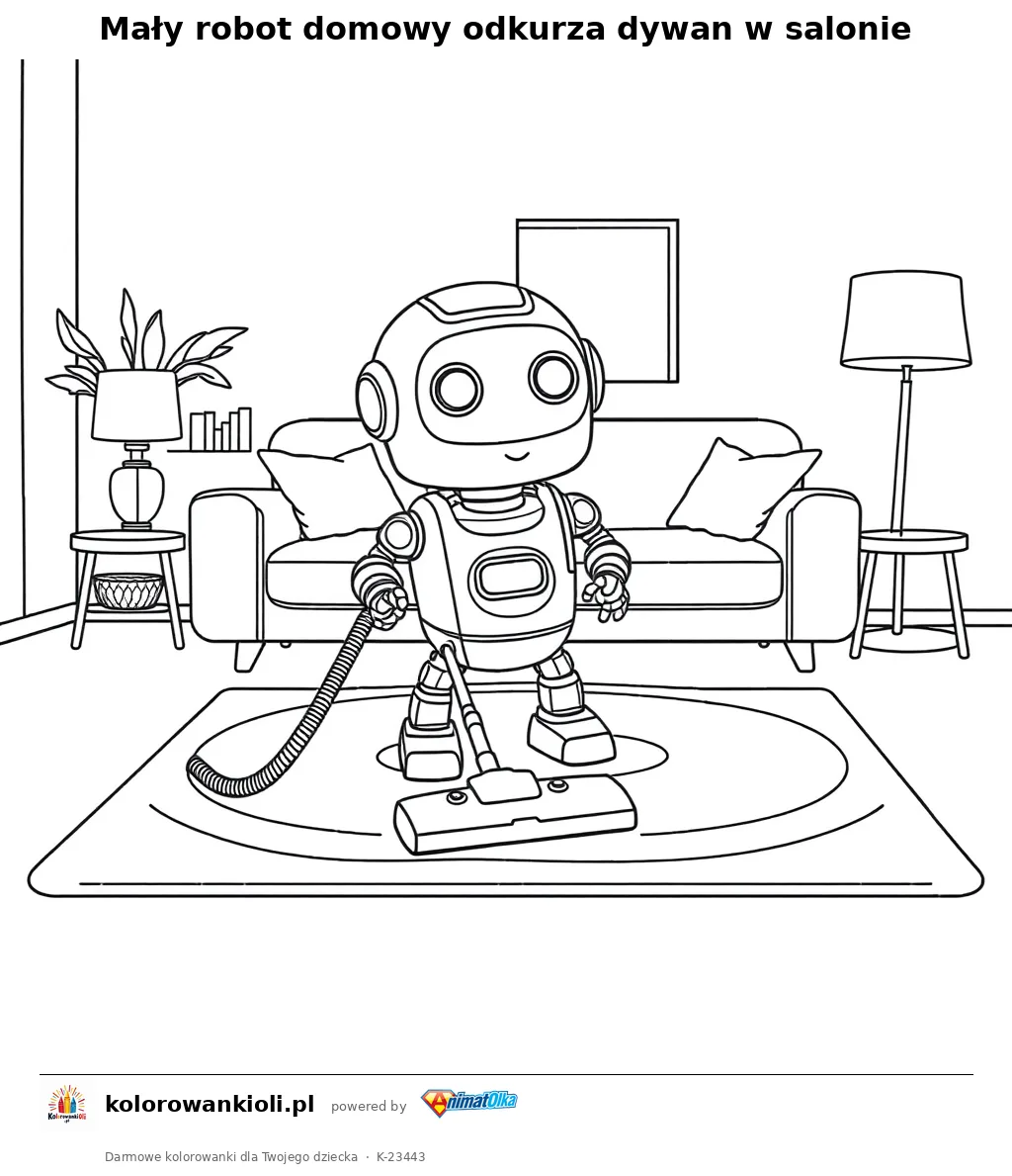 Mały robot domowy odkurza dywan w salonie — kolorowanka do wydruku dla dzieci
