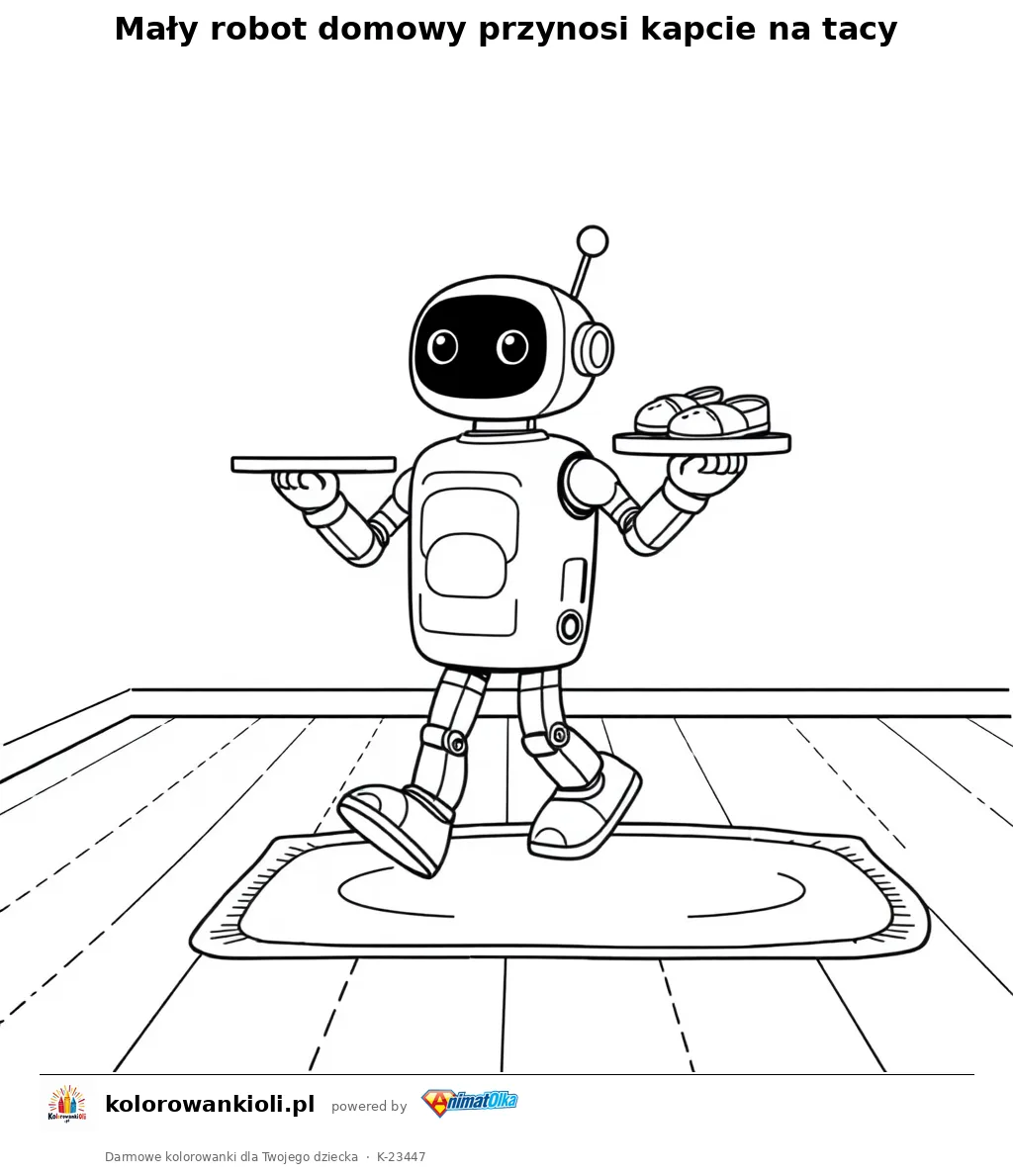 Mały robot domowy przynosi kapcie na tacy — kolorowanka do wydruku dla dzieci