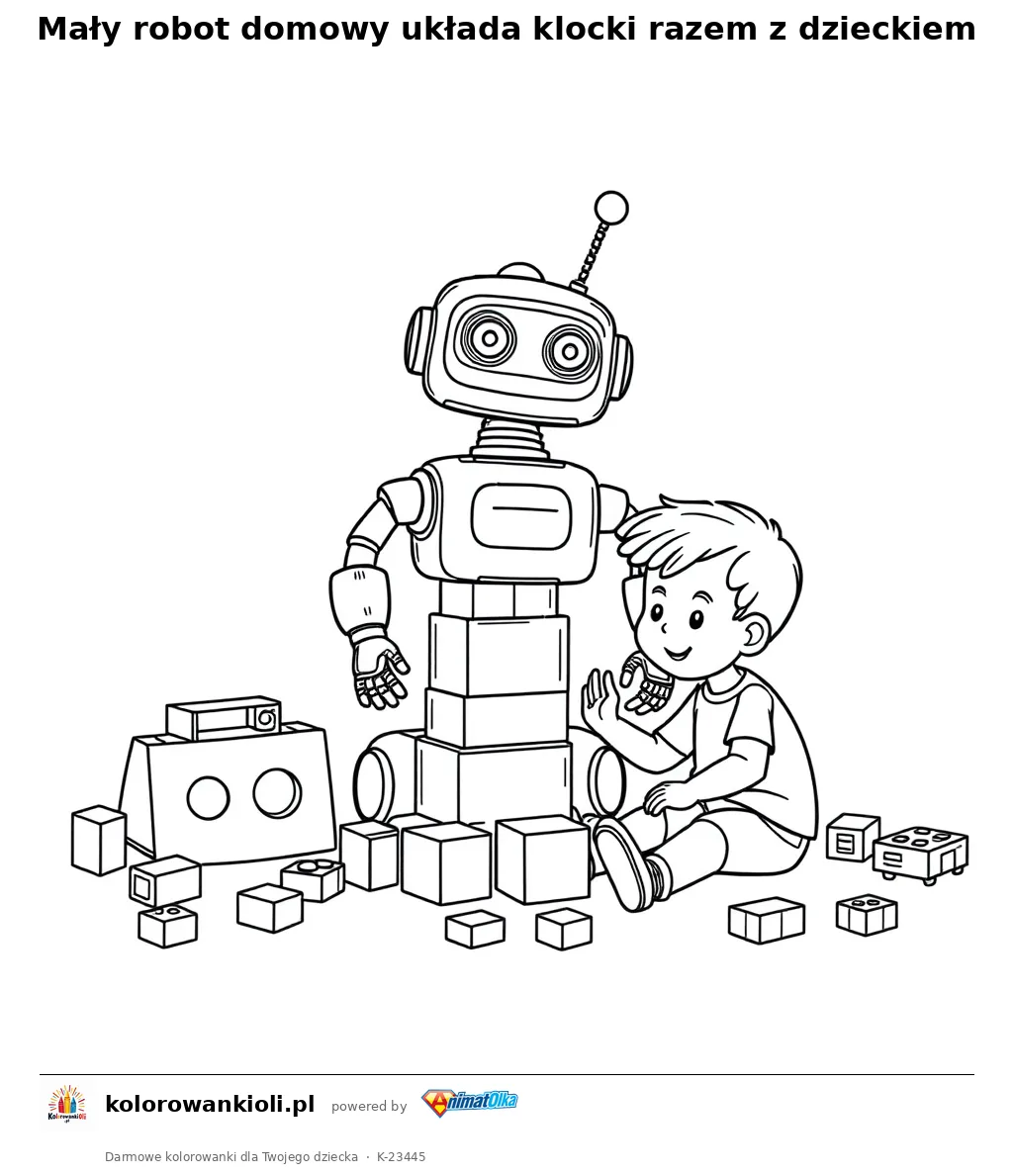 Mały robot domowy układa klocki razem z dzieckiem — kolorowanka do wydruku dla dzieci
