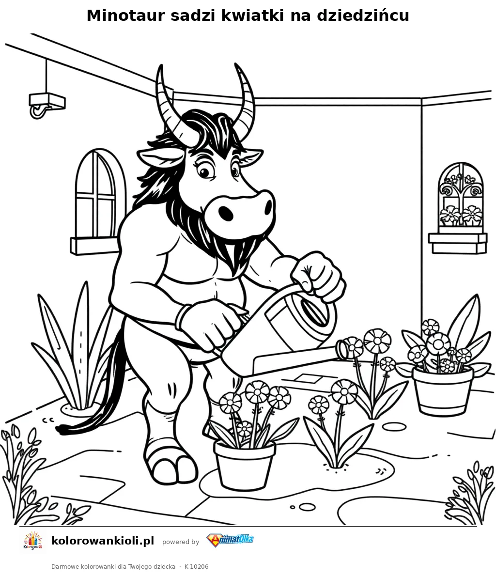 Minotaur sadzi kwiatki na dziedzincu — kolorowanka do wydruku dla dzieci