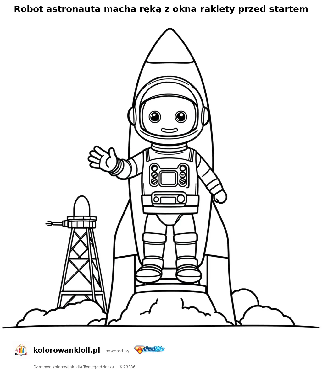 Robot astronauta macha ręką z okna rakiety przed startem — kolorowanka do wydruku dla dzieci
