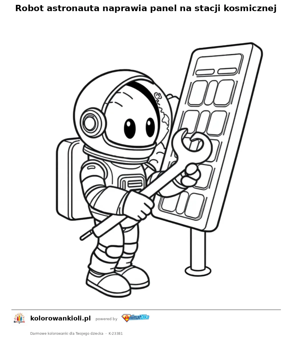 Robot astronauta naprawia panel na stacji kosmicznej — kolorowanka do wydruku dla dzieci